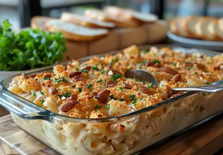 Baked hot chicken salad casserole topped with breadcrumbs and almonds in a glass dish, served warm on a wooden table.