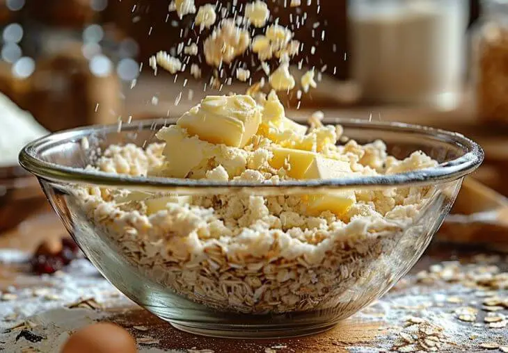 Making Instant Oatmeal Cookies dough with butter, sugar, and oats in a mixing bowl