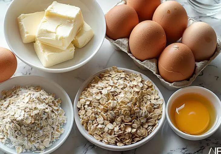 Ingredients for Instant Oatmeal Cookies including oats, butter, eggs, flour, and honey