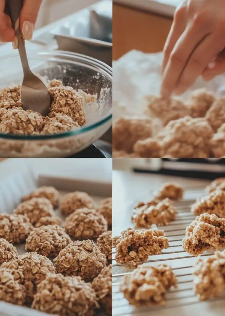 Instant Oatmeal Cookies being mixed, shaped, baked, and cooled on a rack
