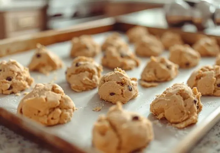 Scooping Instant Oatmeal Cookies dough onto a parchment-lined baking sheet