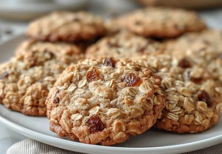 Instant Oatmeal Cookies with raisins and oats served on a white plate