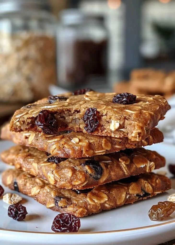 Stack of Instant Oatmeal Cookies with raisins on a plate, soft and chewy