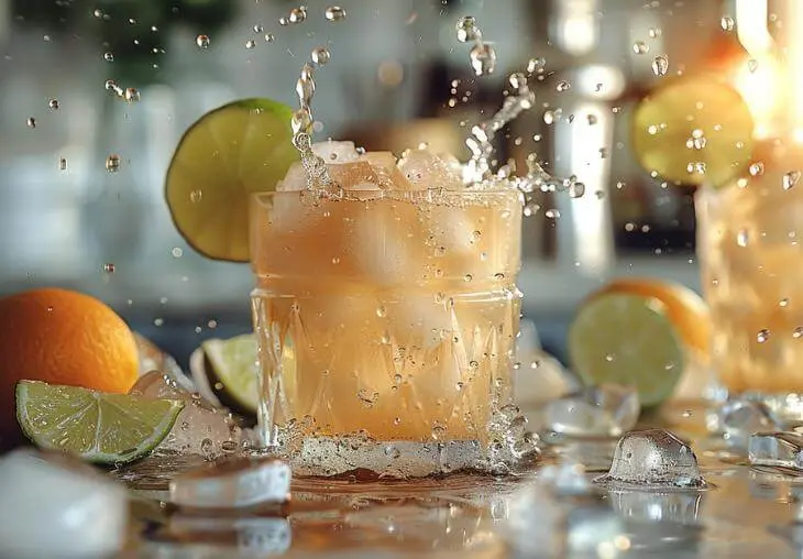 Glass of lime in the coconut drink with ice cubes and lime slices, splashing as it’s poured for a refreshing summer cocktail.