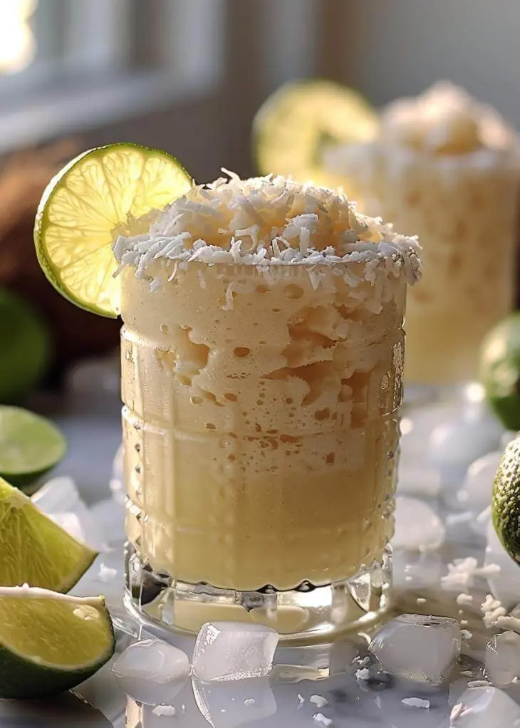 Frozen lime in the coconut drink topped with shredded coconut and lime slice in a frosty glass with ice cubes.