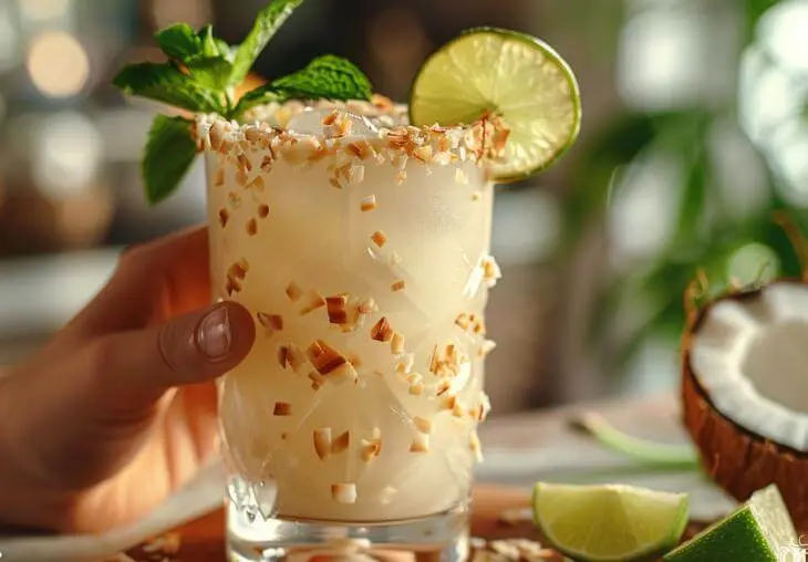 Lime in the coconut cocktail served in a glass rimmed with toasted coconut, garnished with mint leaves and lime slice.