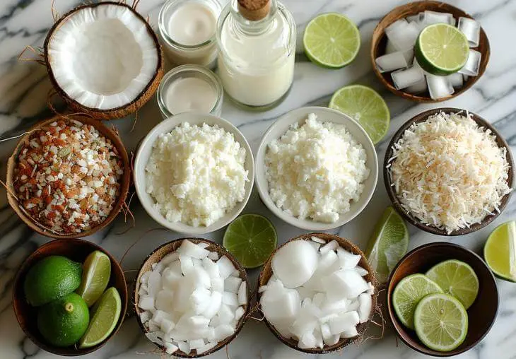 Overhead view of fresh ingredients for lime in the coconut drink with coconut chunks, lime slices, toasted coconut, and coconut milk on a marble surface.