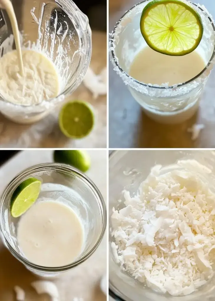 Ingredients for lime in the coconut drink shown with coconut milk, lime, and shredded coconut for nutrition section.