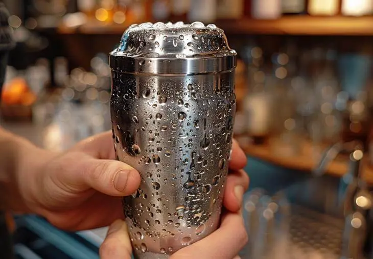 Hands shaking a cocktail shaker with condensation for lime in the coconut drink, creating a frothy and creamy cocktail.