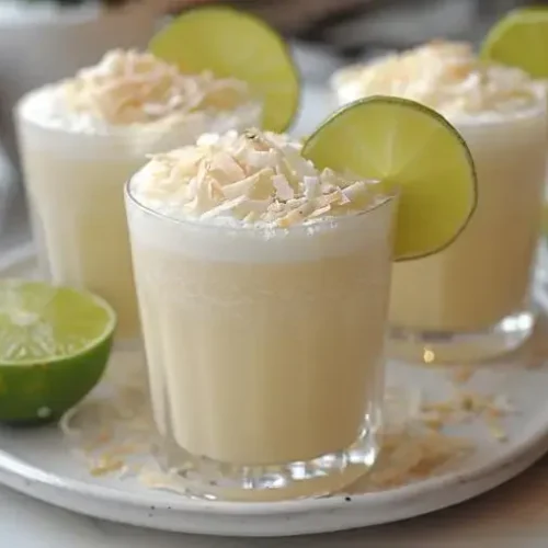 Variations of lime in the coconut drink served in glasses with lime wheels and toasted coconut garnish.