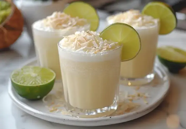 Variations of lime in the coconut drink served in glasses with lime wheels and toasted coconut garnish.