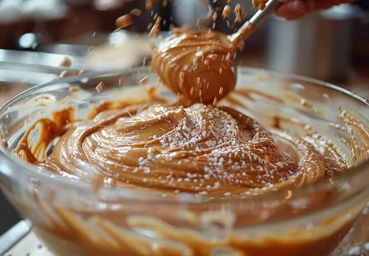 How to Make 4 Ingredient PB Cookies at Home 6 Mixing creamy peanut butter and sugar in a glass bowl for 4 ingredient pb cookies, showing smooth, rich dough being stirred to perfect consistency.