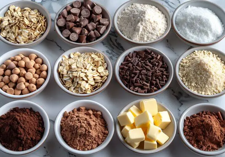 Cocoa powder, oats, peanut butter, butter, and sugar on marble counter.
