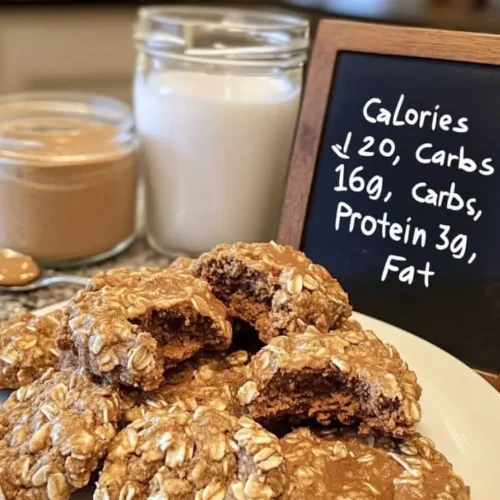 Plate of no bake cookies with oats and peanut butter, next to a chalkboard showing nutrition facts (120 calories, 16g carbs, 3g protein)