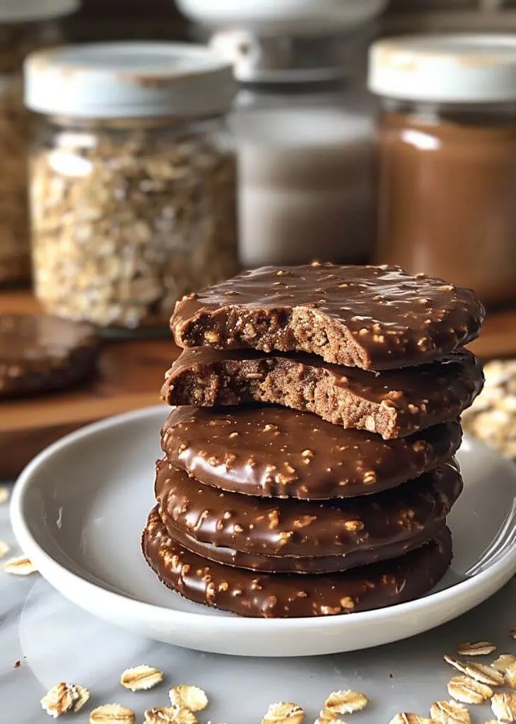 Stack of chocolate no bake cookies with oats on a white plate, one cookie broken to reveal chewy inside, with jars of cocoa and oats in background