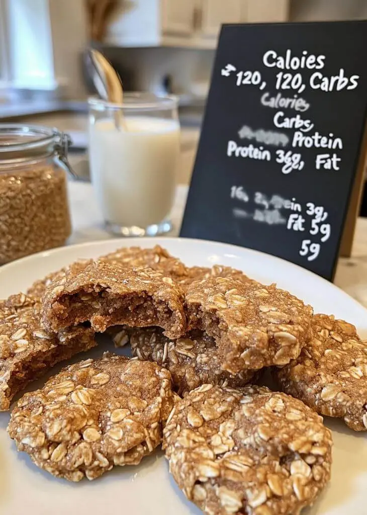 Plate of no bake cookies with oats and nutrition facts board showing calories, protein, fat, and carbs