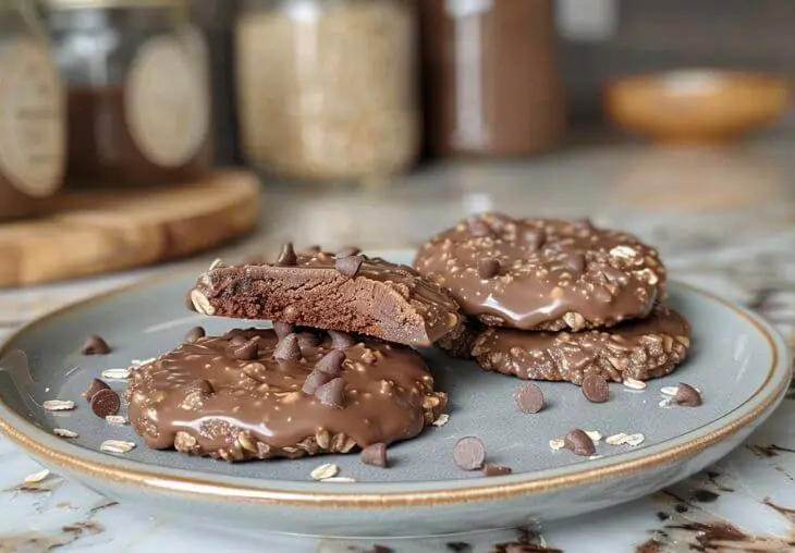 Chocolate no bake cookies served on a plate with oats and chocolate chips for variation ideas