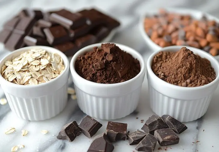 Dry ingredients for no bake cookies including oats, cocoa powder, and chocolate chunks arranged in small bowls