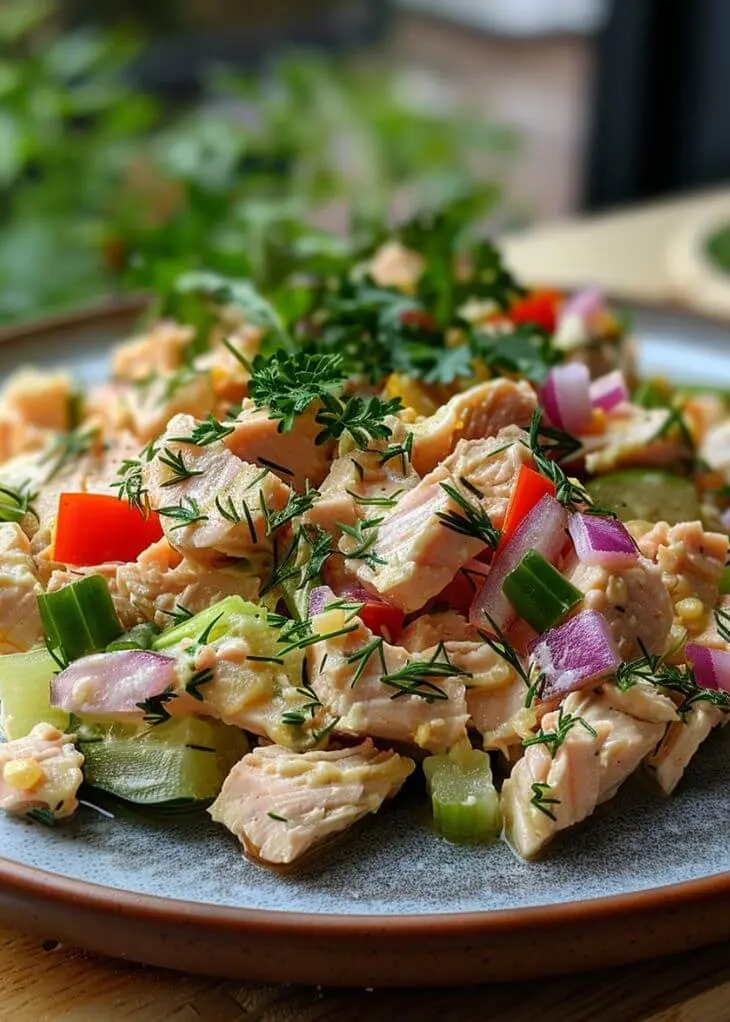 Close-up Healthy Tuna Salad Recipe with tuna chunks, red onion, celery, and herbs on a plate.