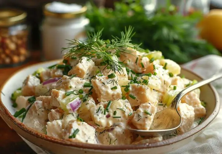 Final serving of healthy tuna salad with dill, celery, red onion, and creamy dressing in a rustic bowl.