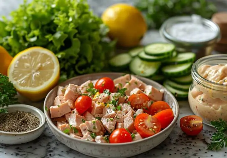 Ingredients for healthy tuna salad: tuna chunks, cherry tomatoes, cucumber, lemon, lettuce, and creamy dressing.