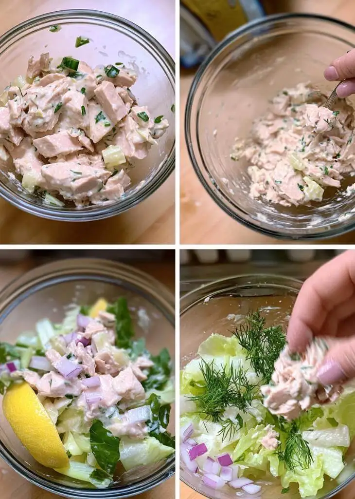 Nutrition overview for healthy tuna salad with step photos showing tuna, celery, onion, lettuce, and fresh herbs.