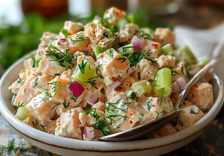 Healthy Tuna Salad Recipe served in a bowl with tuna, celery, red onion, dill, and creamy dressing.