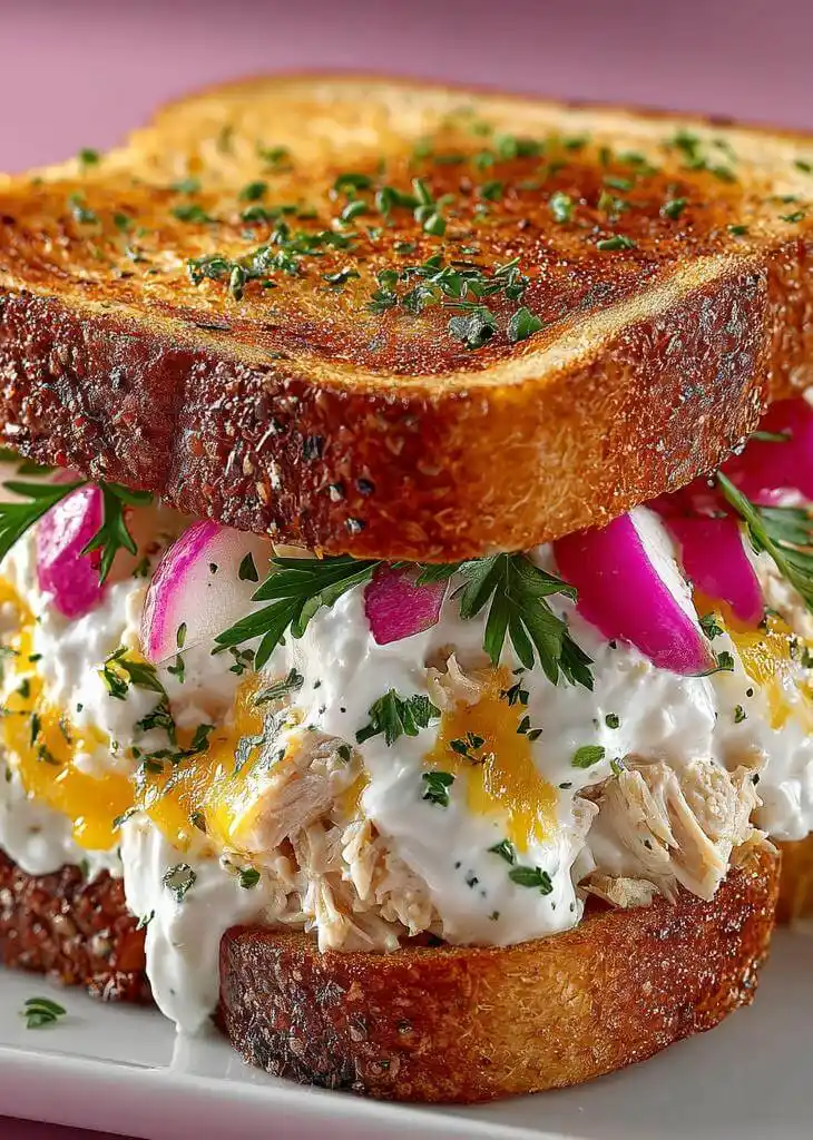 Tuna salad sandwich on toasted bread with creamy filling and herbs, served with fries as a side dish idea.