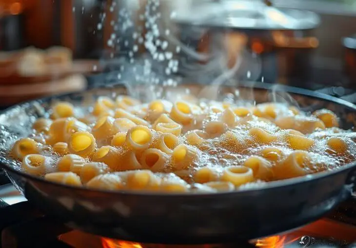Step 1: Pasta cooking in salted boiling water for tuna pasta salad.