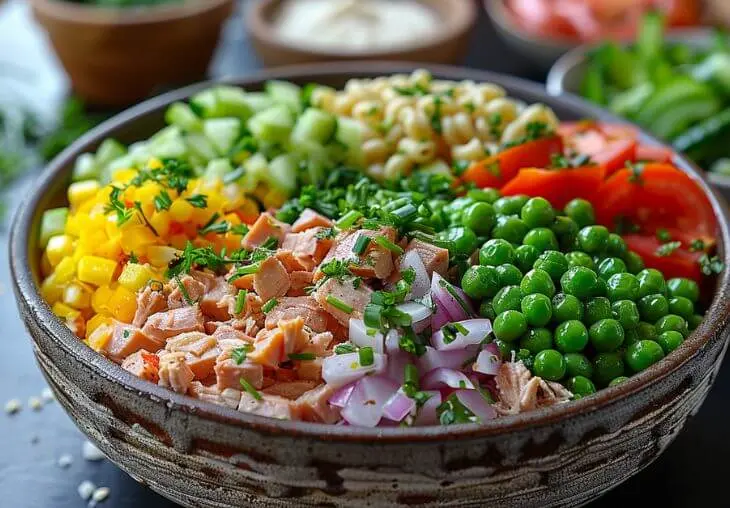 Step 2: Combining cooled pasta, tuna, peas, onion, and vegetables in a mixing bowl for tuna pasta salad.