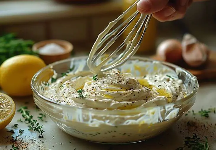 Step 2: Mixing Greek yogurt, lemon juice, Dijon mustard, salt, and pepper for creamy tuna salad base.