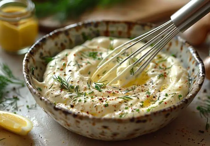Step 3: Whisking mayonnaise, lemon juice, mustard, and dill to prepare creamy dressing for tuna pasta salad.