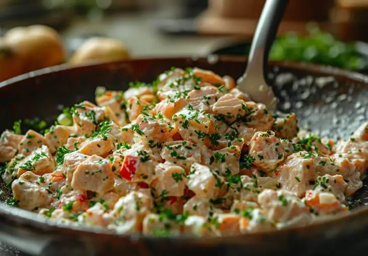 Step 4: Folding drained tuna into creamy mixture with herbs and vegetables for healthy tuna salad.