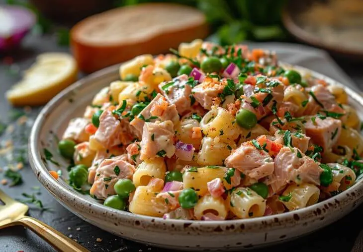 Step 5: Chilled tuna pasta salad with creamy dressing, peas, and herbs served in a bowl.