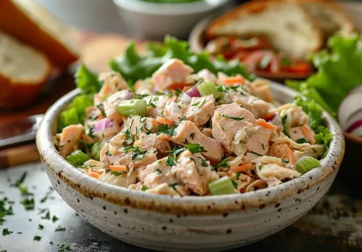 Step 5: Healthy tuna salad served fresh in a bowl with celery, onion, and herbs, ready for bread or lettuce cups.