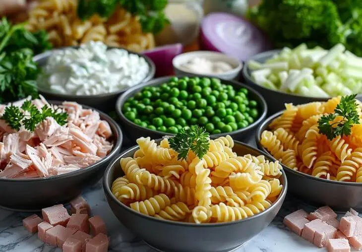 Ingredients for tuna pasta salad: rotini pasta, tuna, peas, celery, onion, and creamy dressing in bowls.