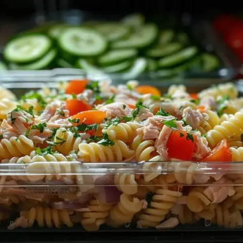 Tuna pasta salad with rotini pasta, tuna chunks, cherry tomatoes, and herbs in a clear meal prep box.