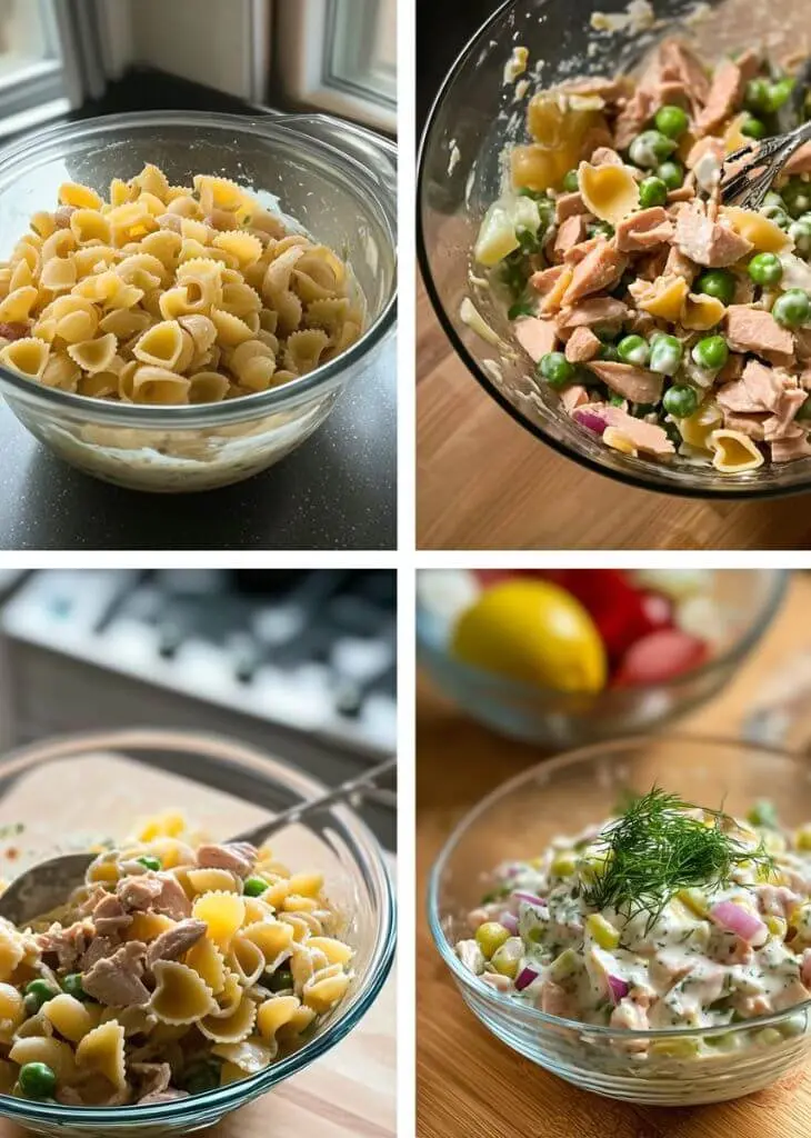 Tuna pasta salad collage showing pasta, tuna, peas, and creamy dressing in different bowls – nutrition facts with disclaimer.