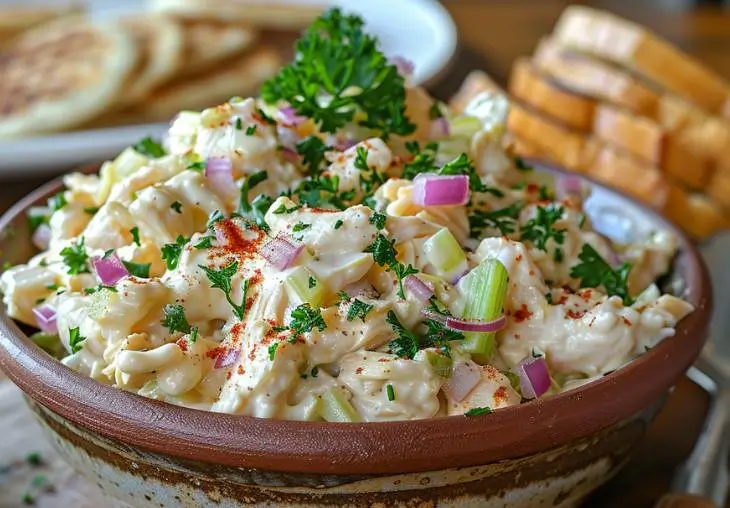 Homemade rotisserie chicken salad with mayonnaise, celery, and onion in a rustic bowl, served with bread slices.