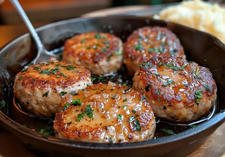 Salisbury steak recipe with ground chicken patties in rich brown gravy, garnished with herbs in a skillet.
