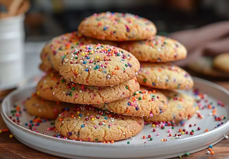 Stack of golden 3 ingredient sugar cookies topped with colorful sprinkles on a serving plate