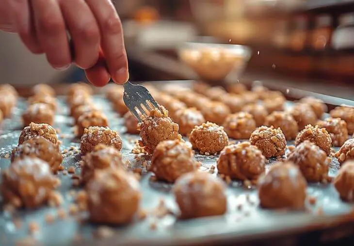 How to Make 4 Ingredient PB Cookies at Home 8 Hand pressing crisscross pattern on peanut butter cookie dough balls with a fork on a baking sheet, Step 4 of making 4 ingredient pb cookies before baking.