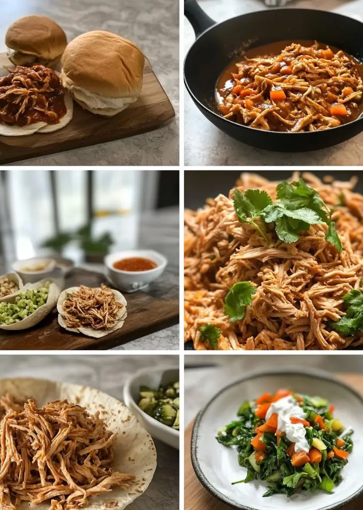 RecipesLace shredded chicken dinner ideas showing pulled chicken sandwiches, shredded chicken tacos, skillet chicken, and salad with vegetables.