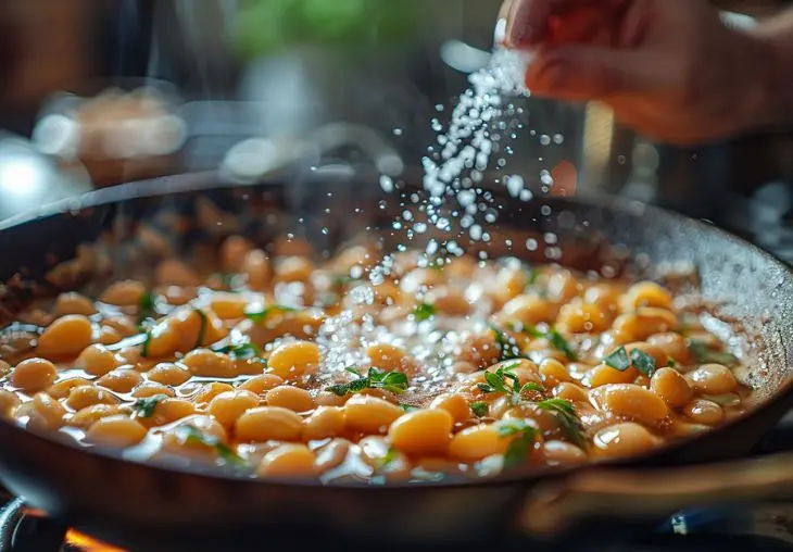 Hand sprinkling salt into a pan of beans soaking in water with fresh herbs.