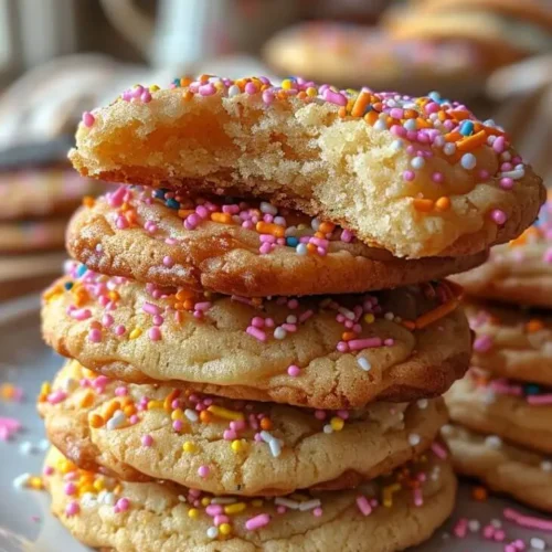 Stack of homemade 3 ingredient sugar cookies topped with colorful sprinkles, one cookie broken in half showing soft texture