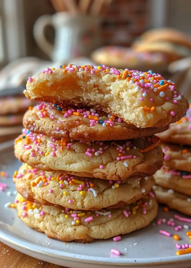 Stack of homemade 3 ingredient sugar cookies topped with colorful sprinkles, one cookie broken in half showing soft texture