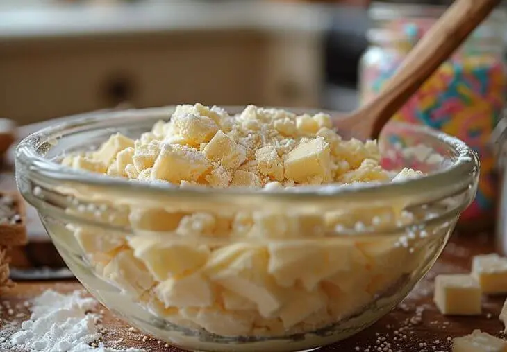 Butter and flour mixed in a glass bowl with wooden spoon for 3 ingredient sugar cookies, ready to bake
