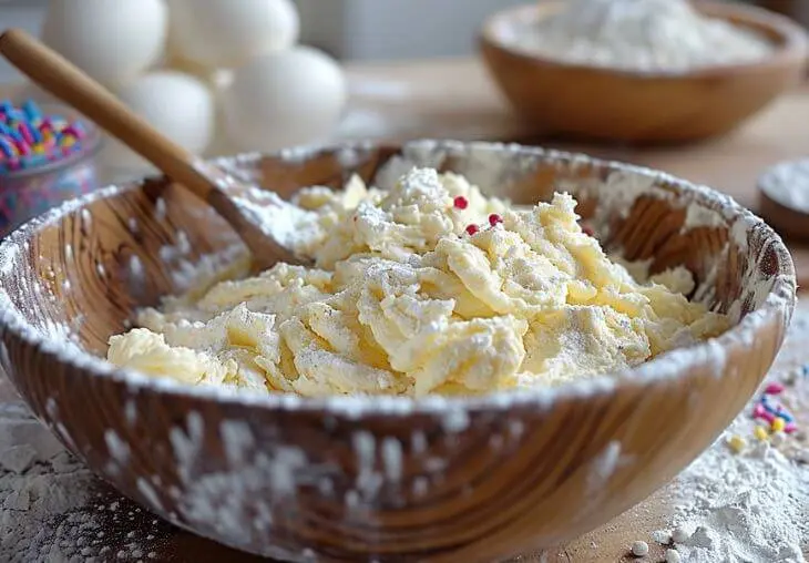 Butter and sugar being creamed together in a wooden bowl for 3 ingredient sugar cookies