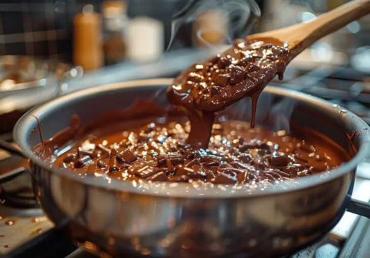 Melting butter, sugar, milk, and cocoa in a saucepan for no bake cookies, smooth chocolate mixture stirred with wooden spoon