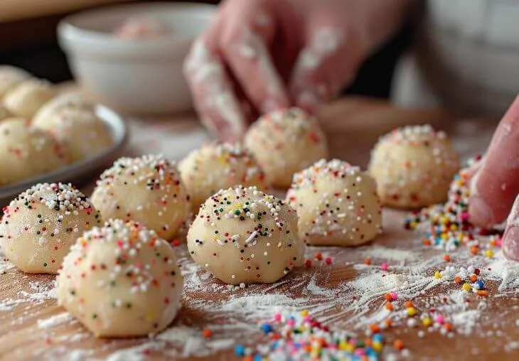 Cookie dough balls for 3 ingredient sugar cookies rolled in colorful sprinkles on a floured surface